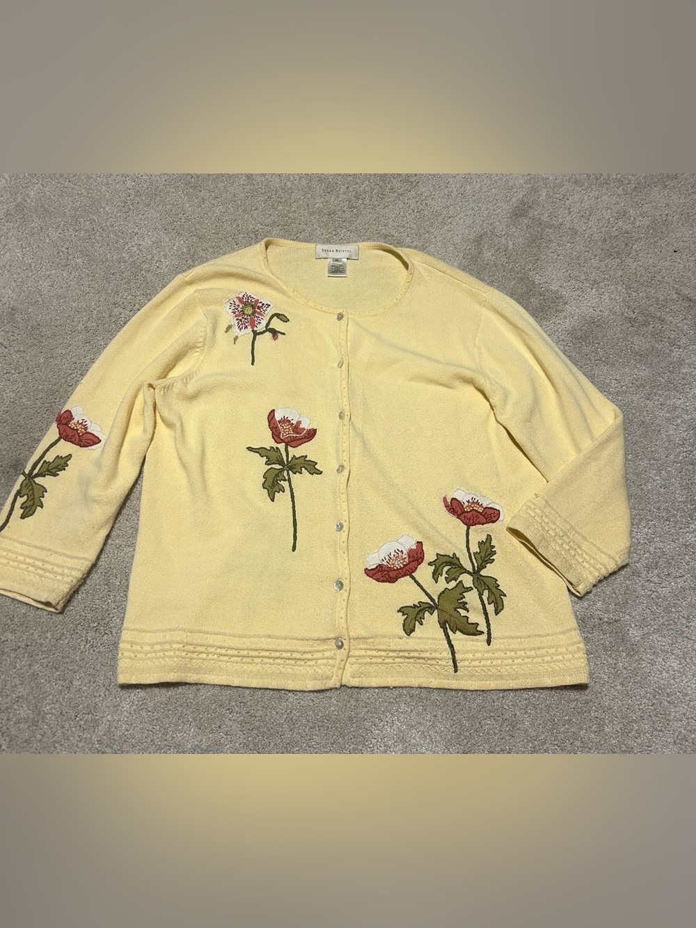 Vtg Susan Bristol Embroidered Poppy Cardigan Yellow Cottagecore XL